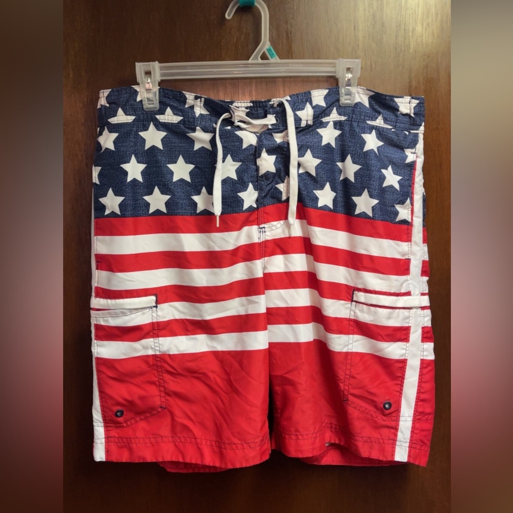 M - Patriotic Red, White, and Blue Swim Shorts